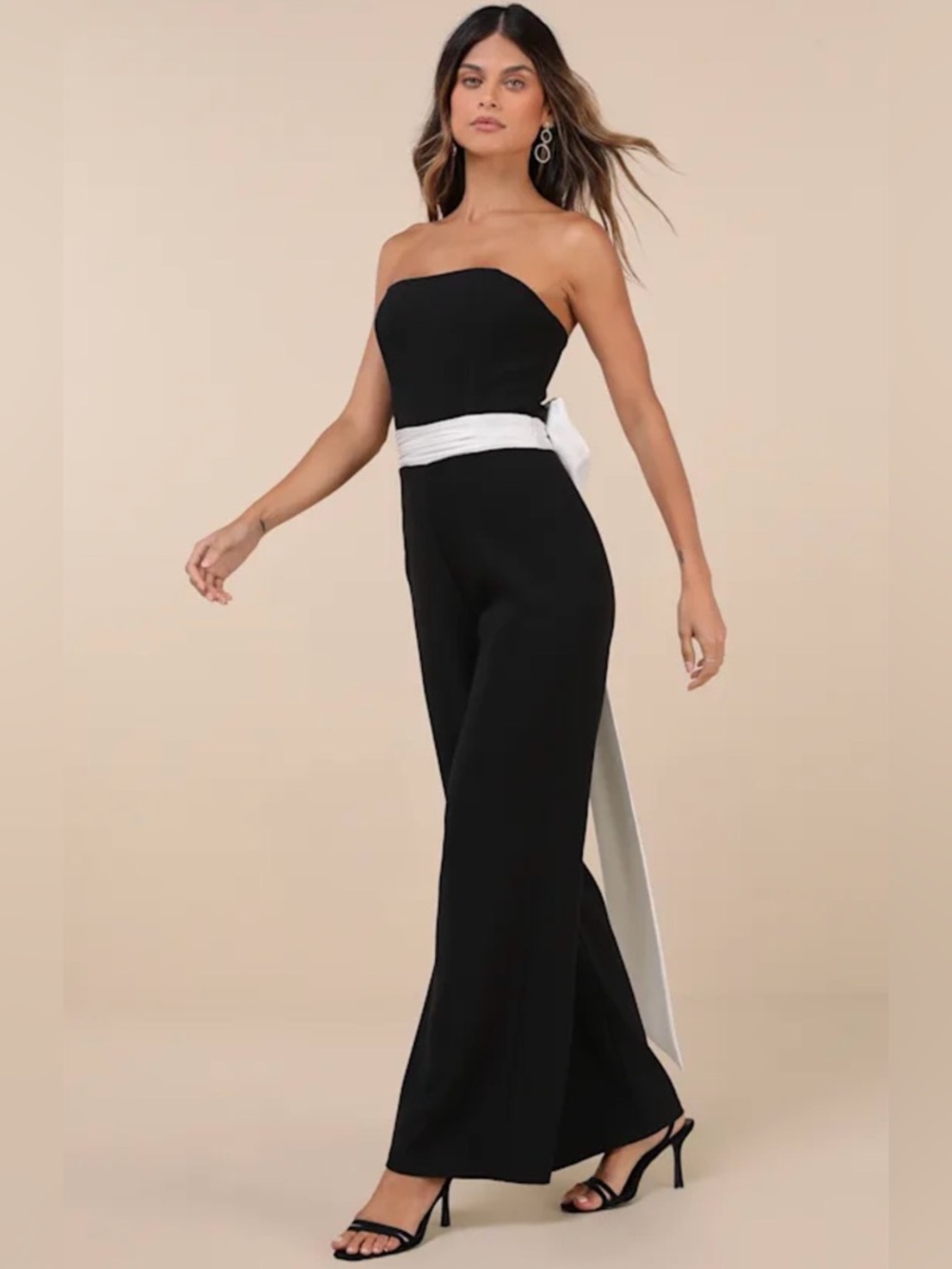Lulus Sleek Perfection Black and White Strapless Bow Jumpsuit S NWT - Picture 6 of 6